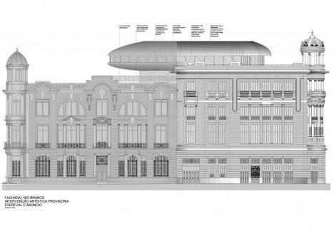 Projeto de "intervenção artística provisória" no edifício REC Cultural, Avenida Rio Branco 23, Bairro do Recife, Recife PE, 15 fev. 2024. Arquiteto José Bernardino Pereira dos Santos FilhoImagem do projeto  [Processo em tramitação no Iphan]